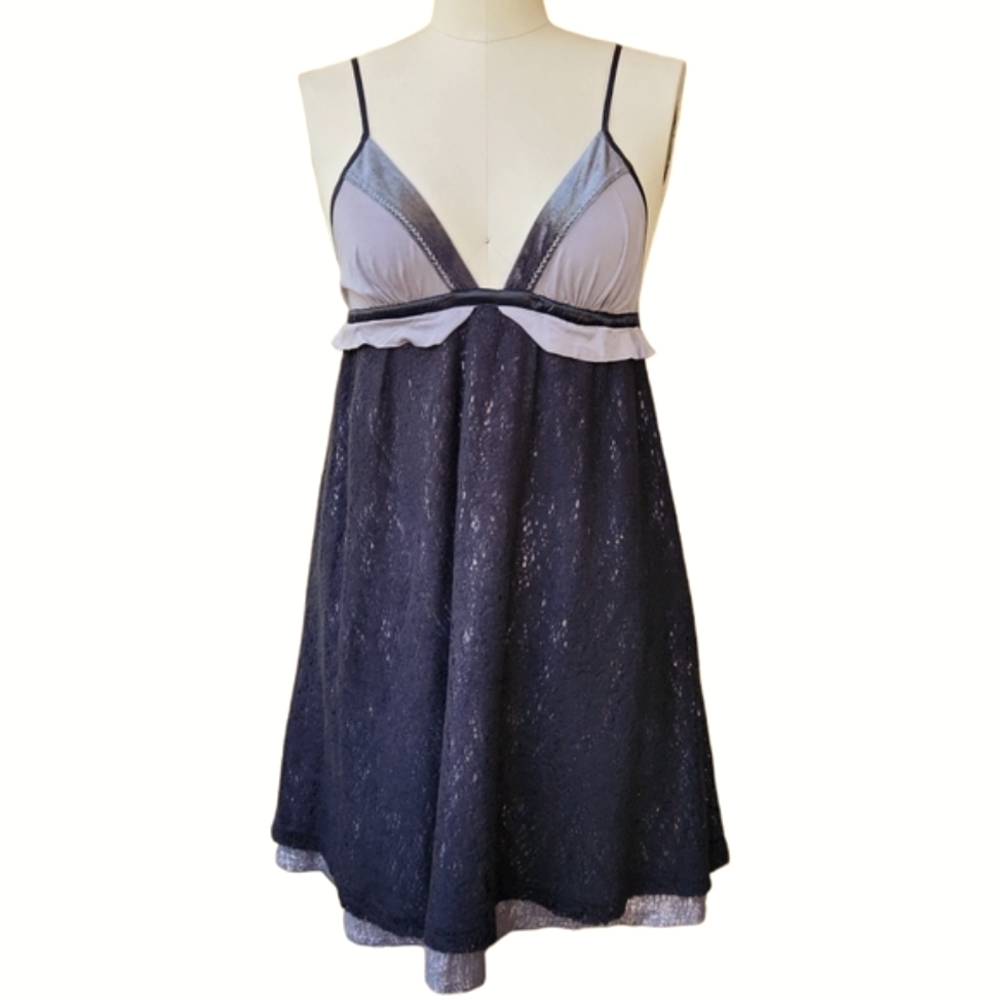 Free People Princess Voile Shimmer Lace Babydoll Spaghetti Strap Dress Black 6